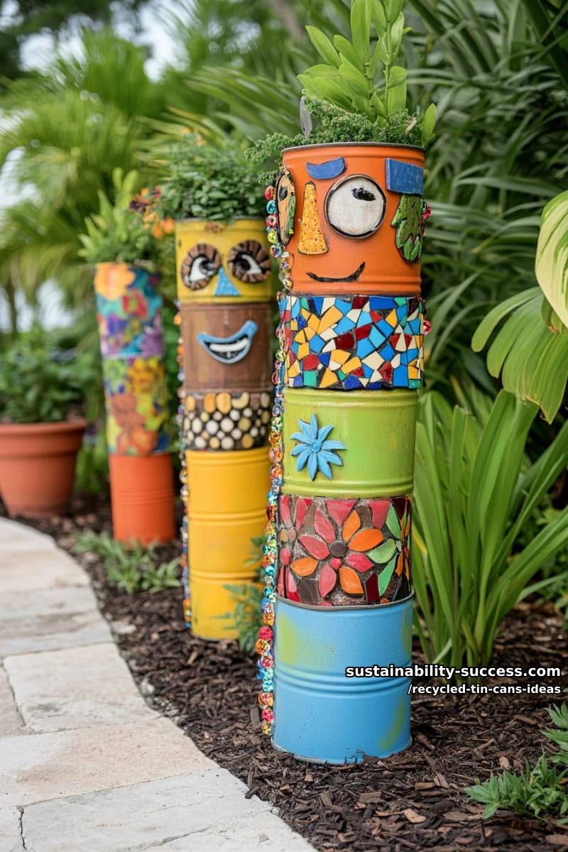 15 Superb Ideas to Upcycle Tin Cans 34 outdoor garden totems stacking differently decorated tin cans and glass beads 1