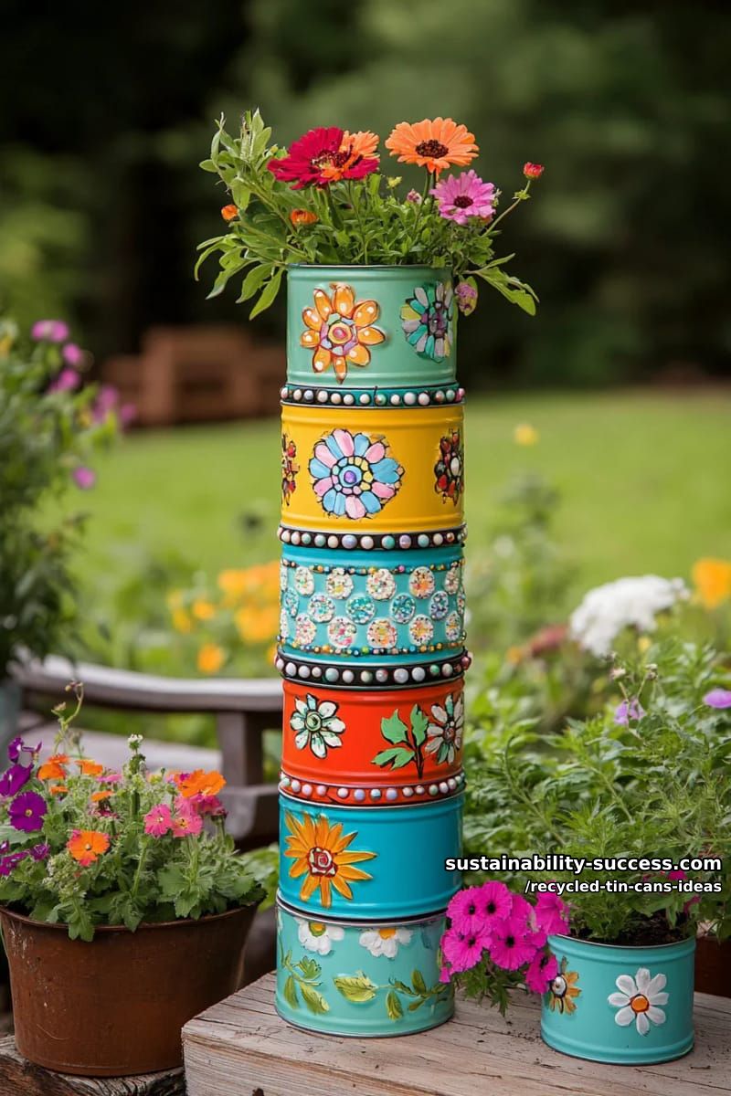 15 Superb Ideas to Upcycle Tin Cans 35 outdoor garden totems stacking differently decorated tin cans and glass beads 1