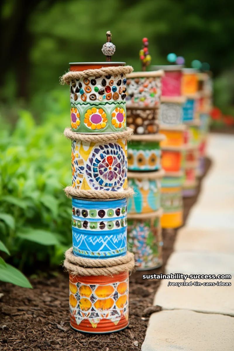 15 Superb Ideas to Upcycle Tin Cans 36 outdoor garden totems stacking differently decorated tin cans and glass beads 1