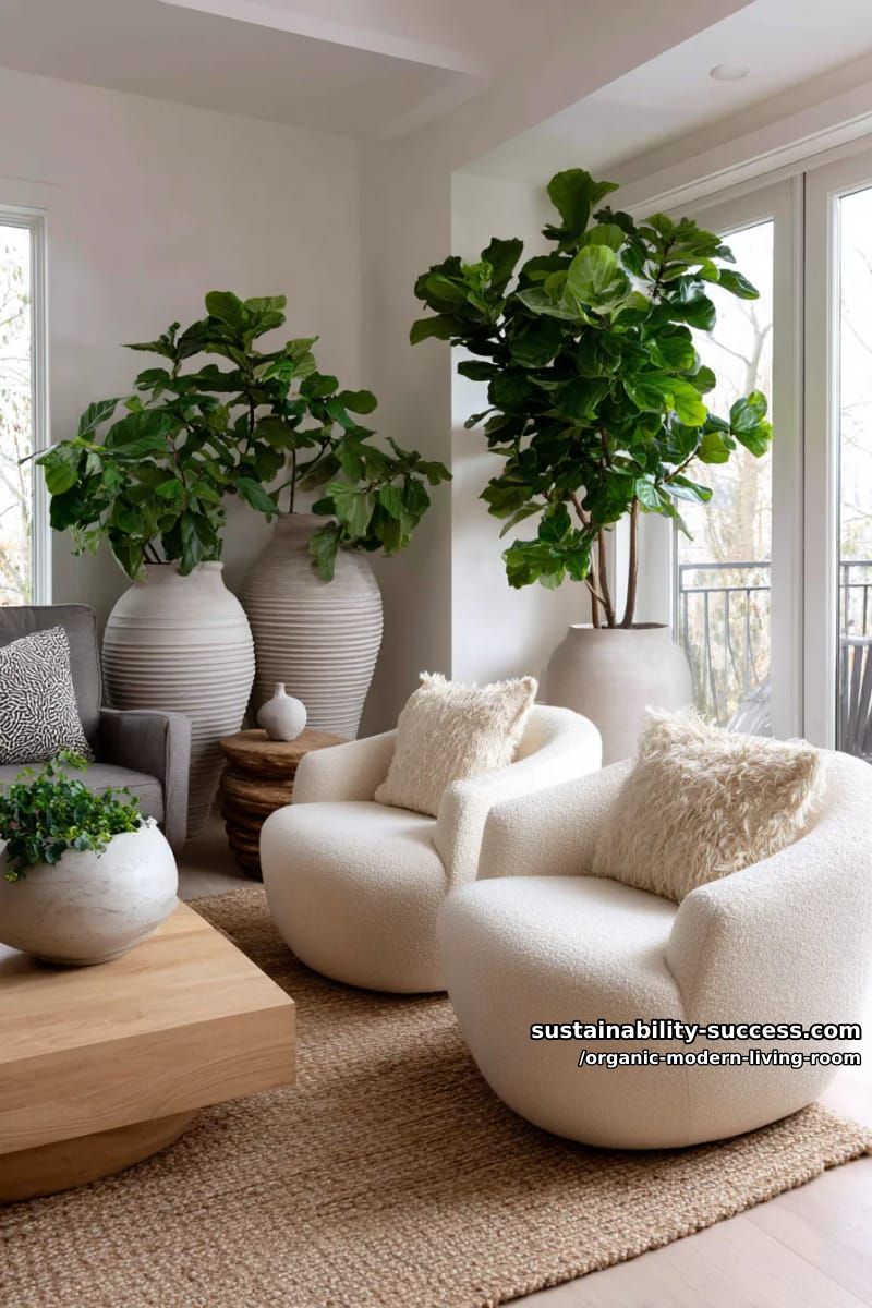 15 Organic Modern Living Room Designs for an Elegant Contemporary Feel 11 pair plush boucle armchairs with oversized ceramic vases and leafy indoor trees 1