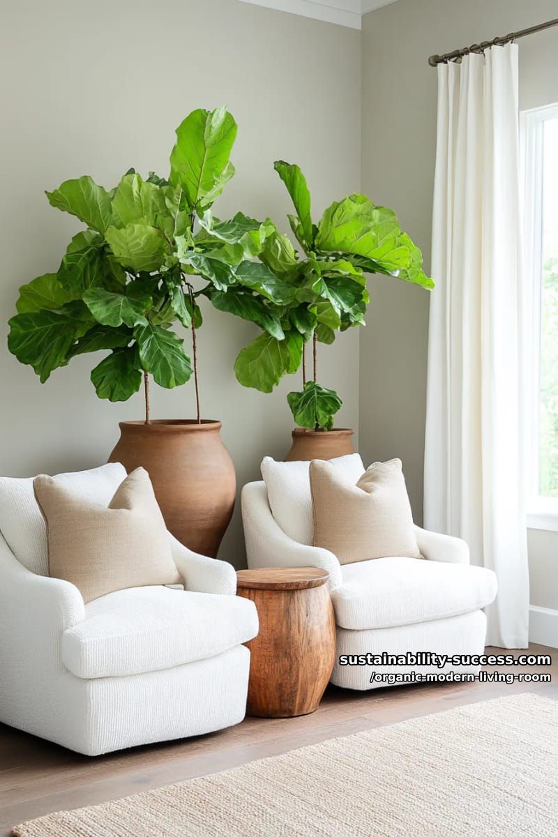 15 Organic Modern Living Room Designs for an Elegant Contemporary Feel 9 pair plush boucle armchairs with oversized ceramic vases and leafy indoor trees 1