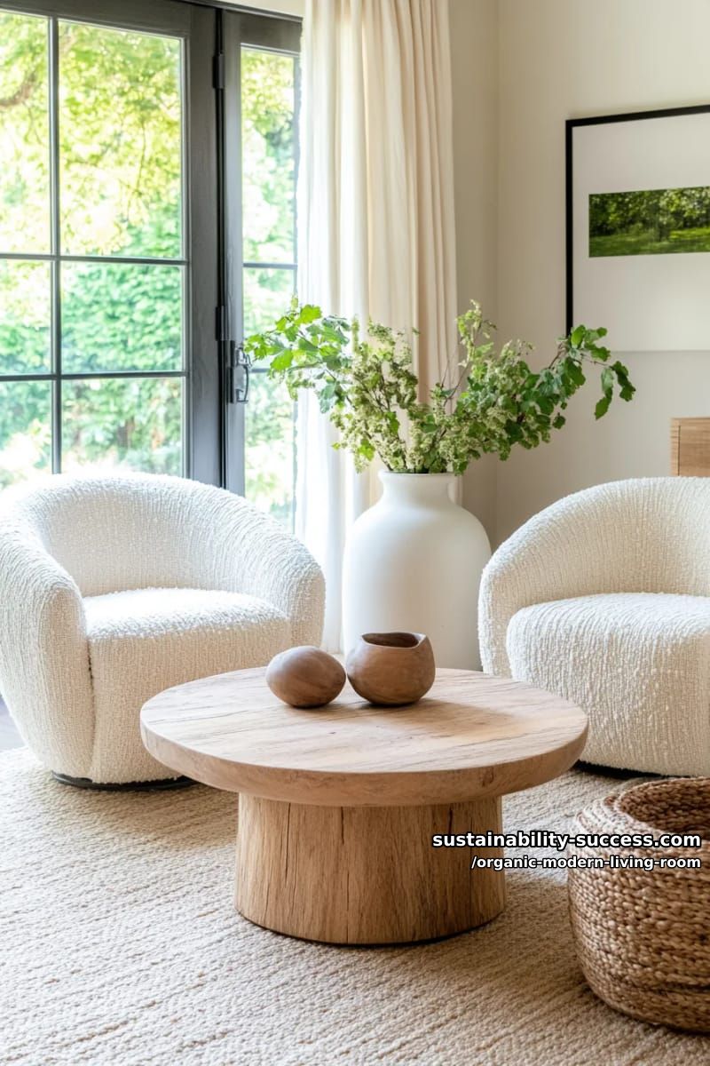 15 Organic Modern Living Room Designs for an Elegant Contemporary Feel 10 pair plush boucle armchairs with oversized ceramic vases and leafy indoor trees 1