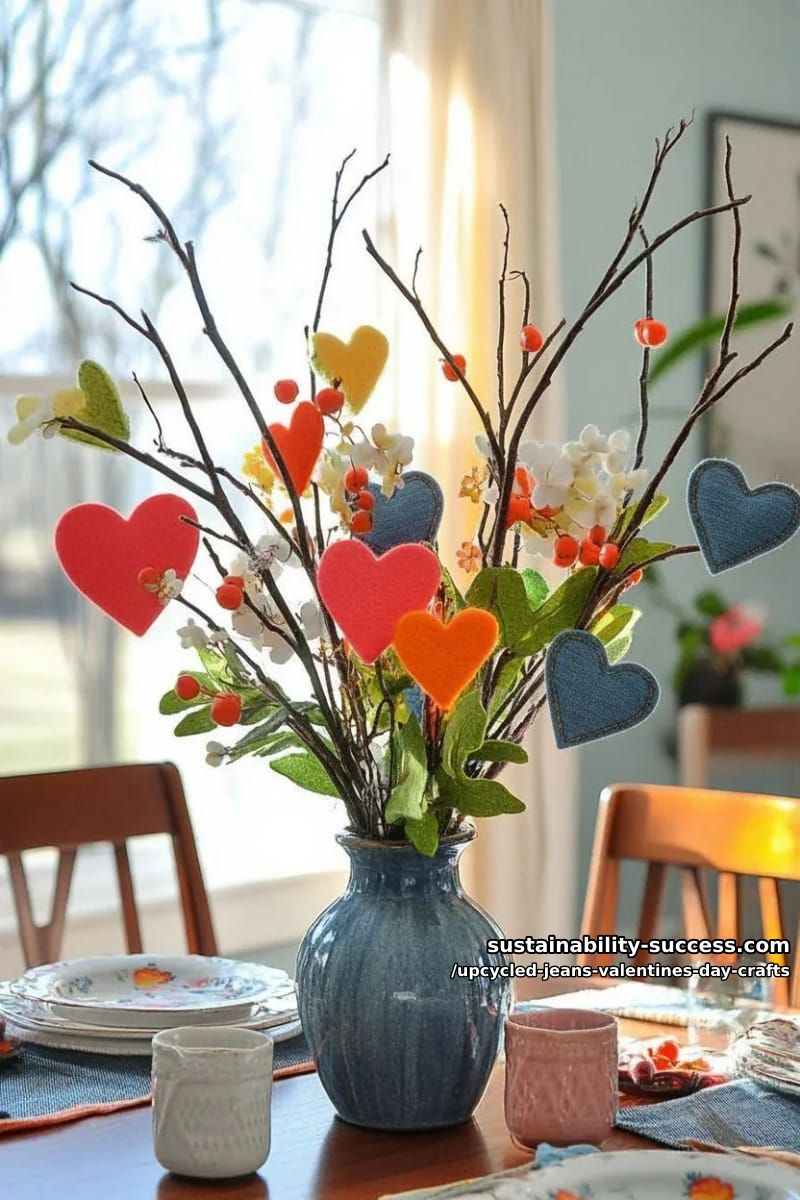 15 Creative Upcycled Jeans Valentine’s Day Crafts 7 patchwork denim and felt heart bouquet centerpiece with twigs and faux berries 1