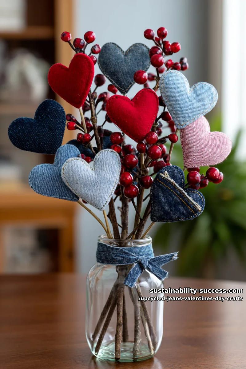 15 Creative Upcycled Jeans Valentine’s Day Crafts 8 patchwork denim and felt heart bouquet centerpiece with twigs and faux berries 1