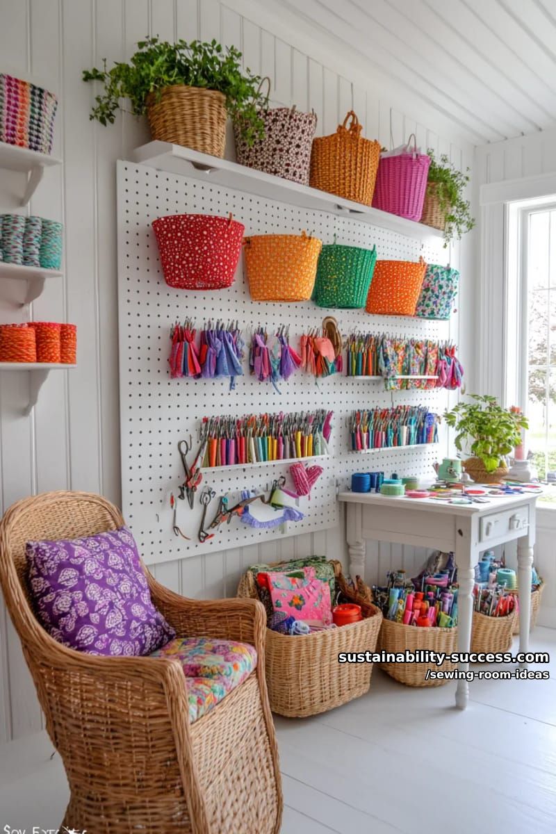 15 Zesty Sewing Room Ideas to Jazz Up Your Space! 7 pegboard wall with hanging baskets for scissors, ribbons, and sewing notions. 1