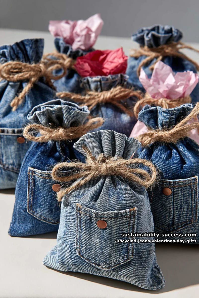pocket-shaped denim mini gift bags tied with rustic jute bows 1