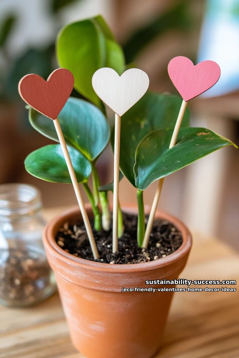 potted plant centerpiece with tiny heart-shaped upcycled wood stakes 1