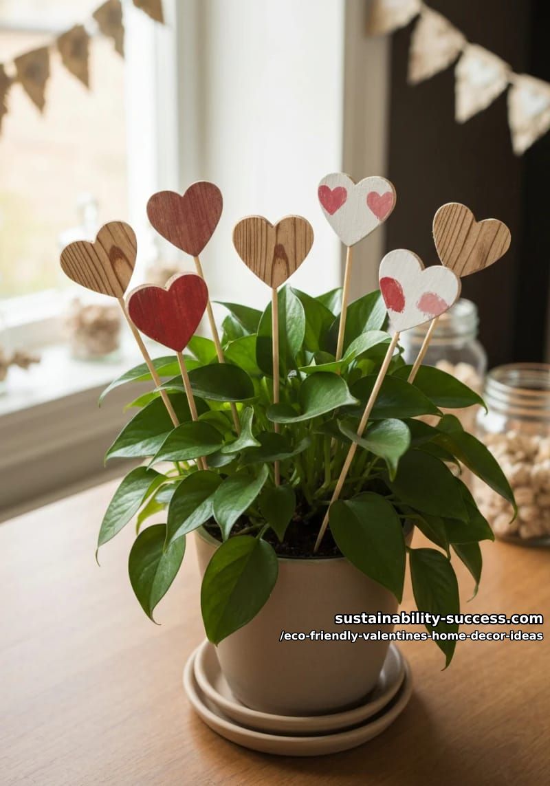 potted plant centerpiece with tiny heart-shaped upcycled wood stakes 1