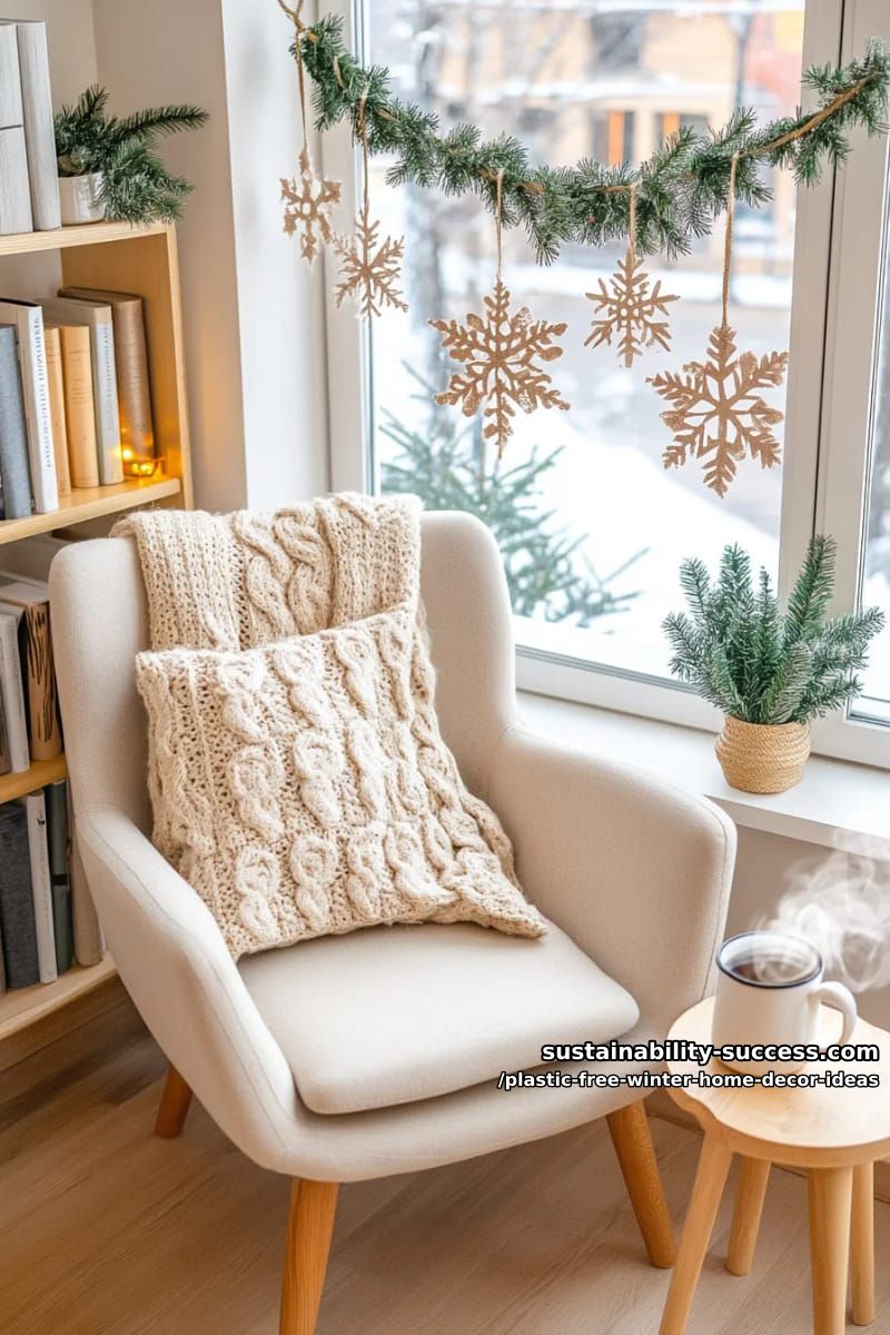 pressed leaf and snowflake paper garlands strung across cozy reading nooks. 1