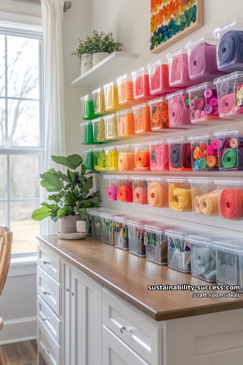 15 Inspiring Craft Room Ideas to Elevate Your Creative Space 3 rainbow-sorted craft supply wall using clear acrylic bins for instant color inspiration 1
