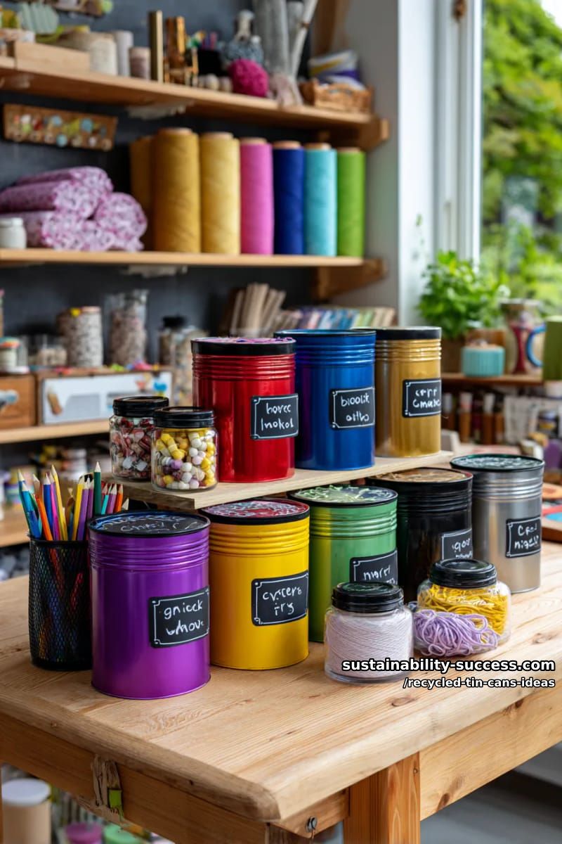 15 Superb Ideas to Upcycle Tin Cans 25 rainbow-tinted tin can organizers with chalkboard labels for craft spaces 1