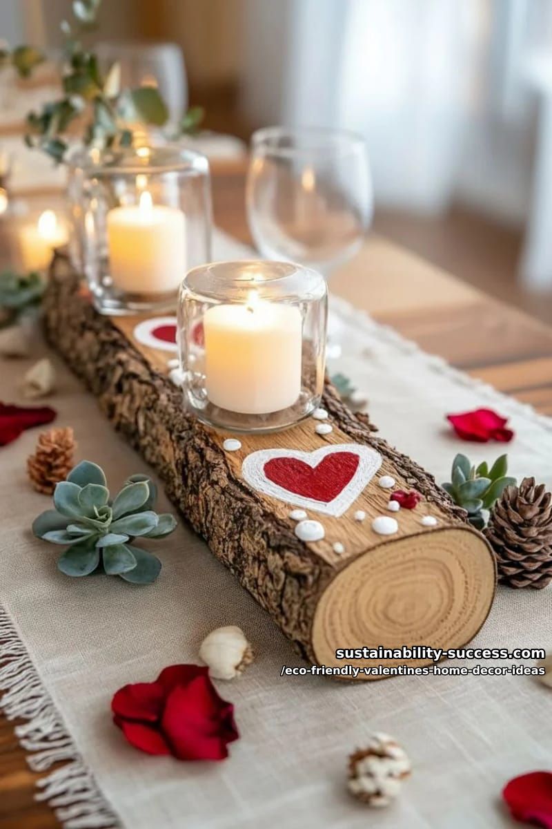 reclaimed wood centerpiece with painted hearts and eco-friendly candles 1