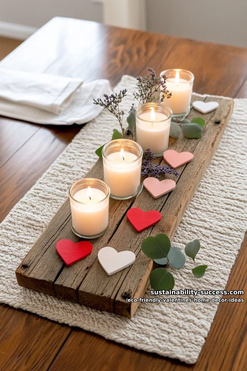 reclaimed wood centerpiece with painted hearts and eco-friendly candles 1