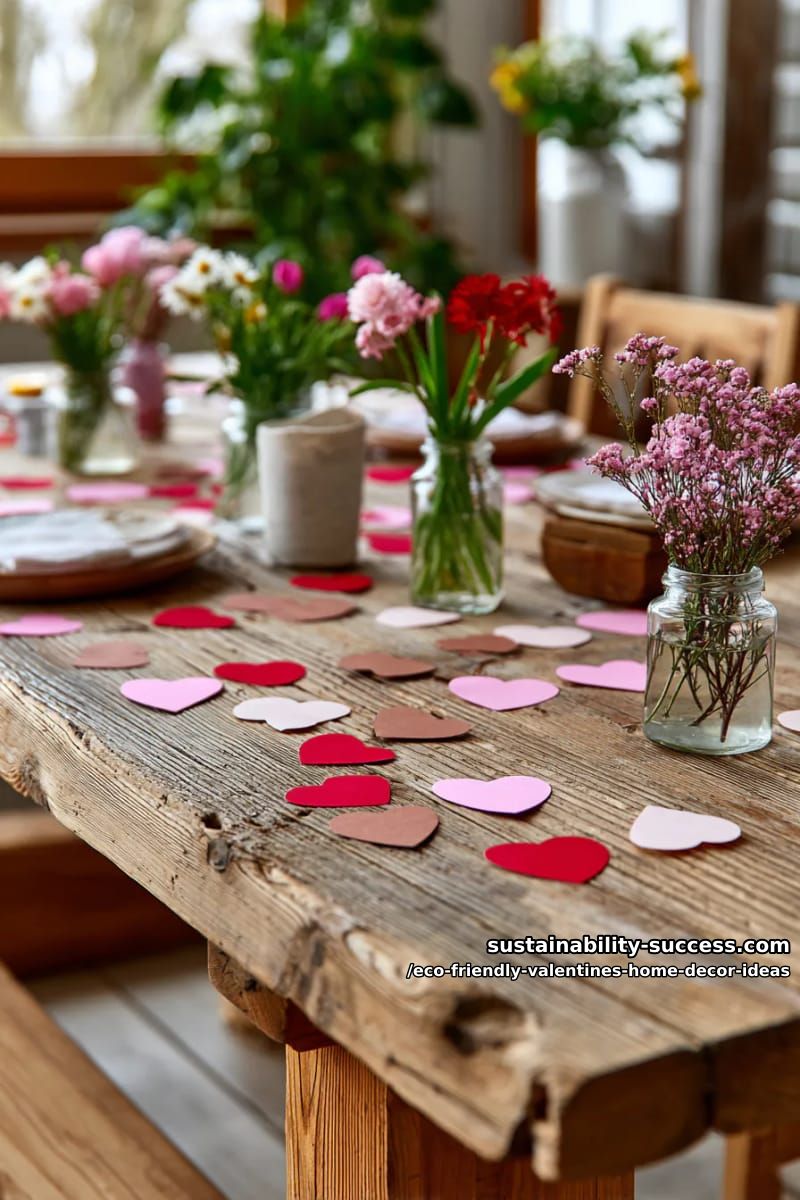 recycled paper confetti hearts sprinkled across a rustic tablescape 1