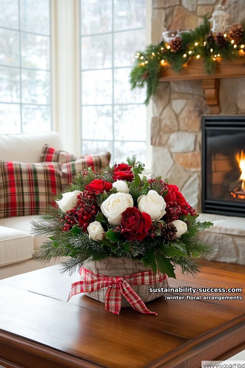 red and white carnations with holly berries in a plaid-wrapped bouquet 1