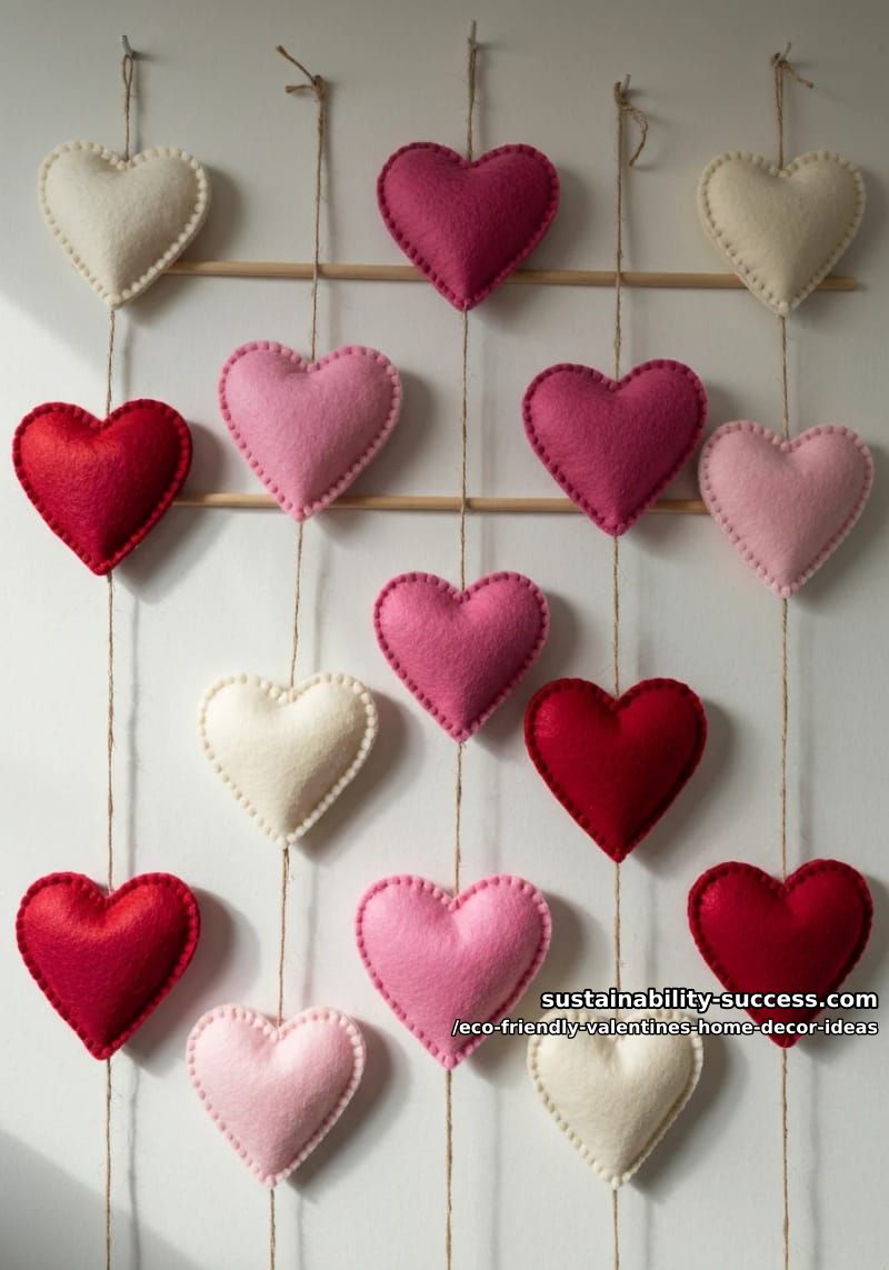 reusable felt heart wall hangings with varied shades of pink, red, and cream 1