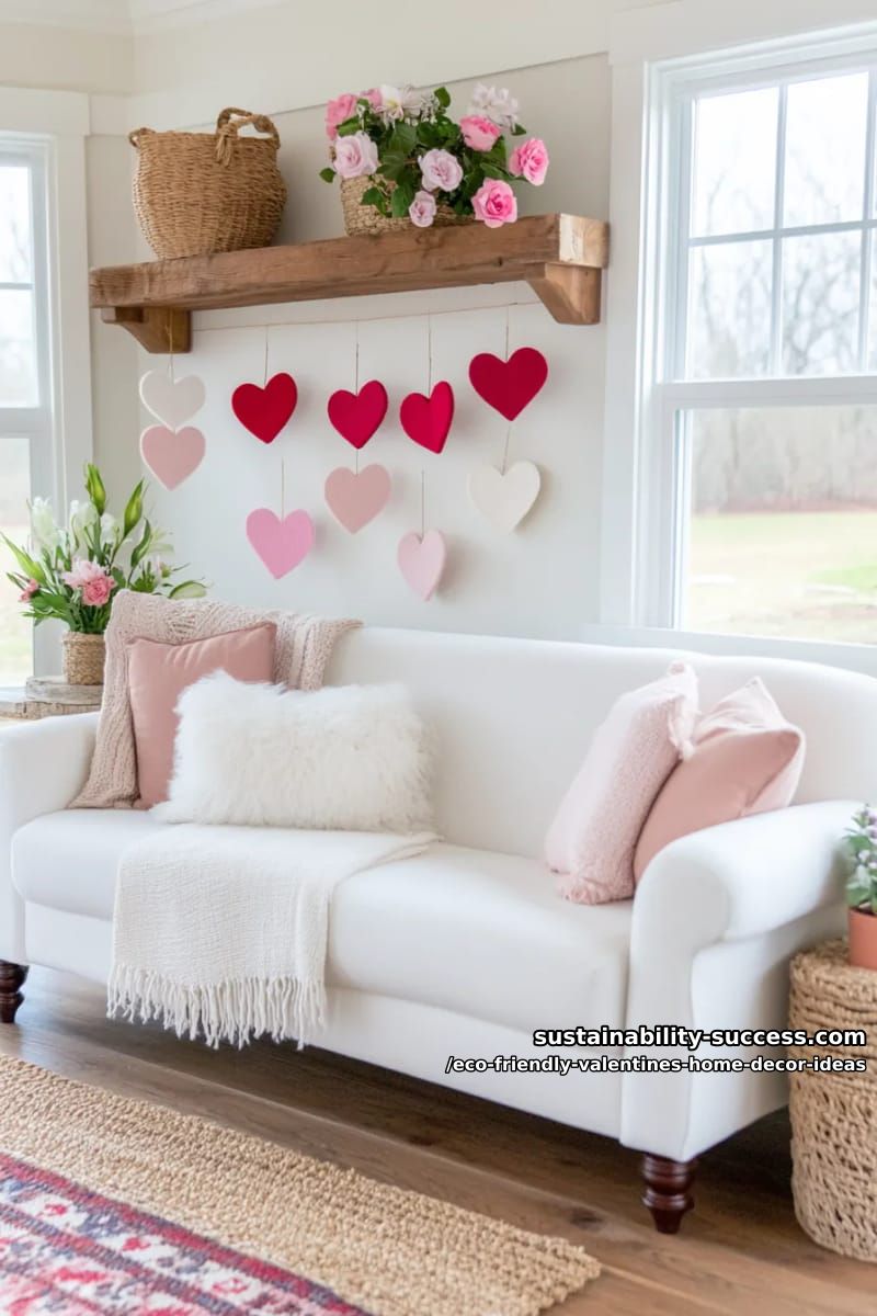 reusable felt heart wall hangings with varied shades of pink, red, and cream 1