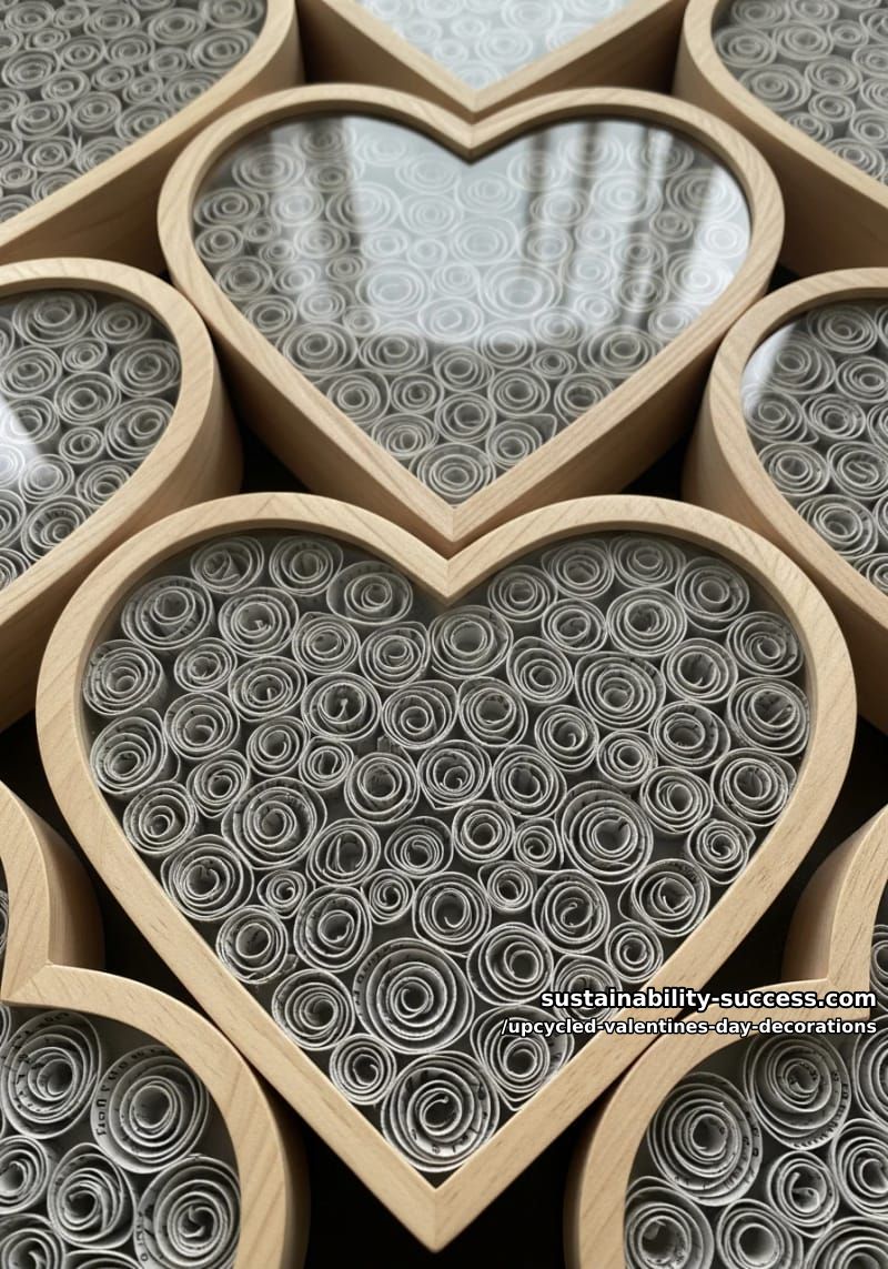 rolled newspaper roses arranged in heart-shaped shadow boxes 1