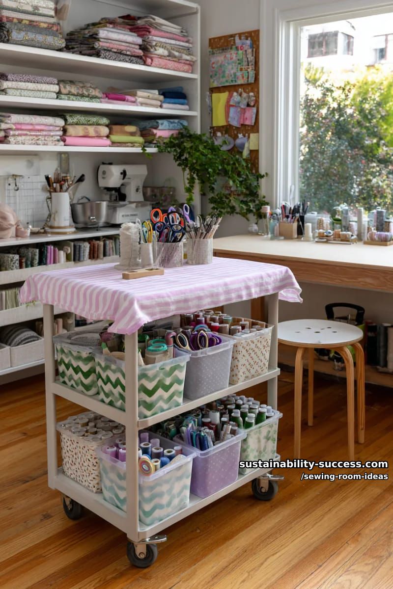 15 Zesty Sewing Room Ideas to Jazz Up Your Space! 12 rolling cart for portable supplies, decorated with pastel washi tape accents. 1