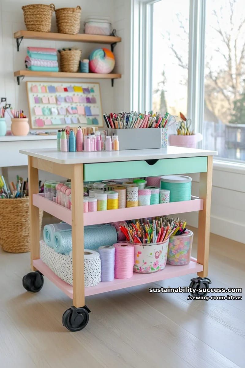 15 Zesty Sewing Room Ideas to Jazz Up Your Space! 13 rolling cart for portable supplies, decorated with pastel washi tape accents. 1