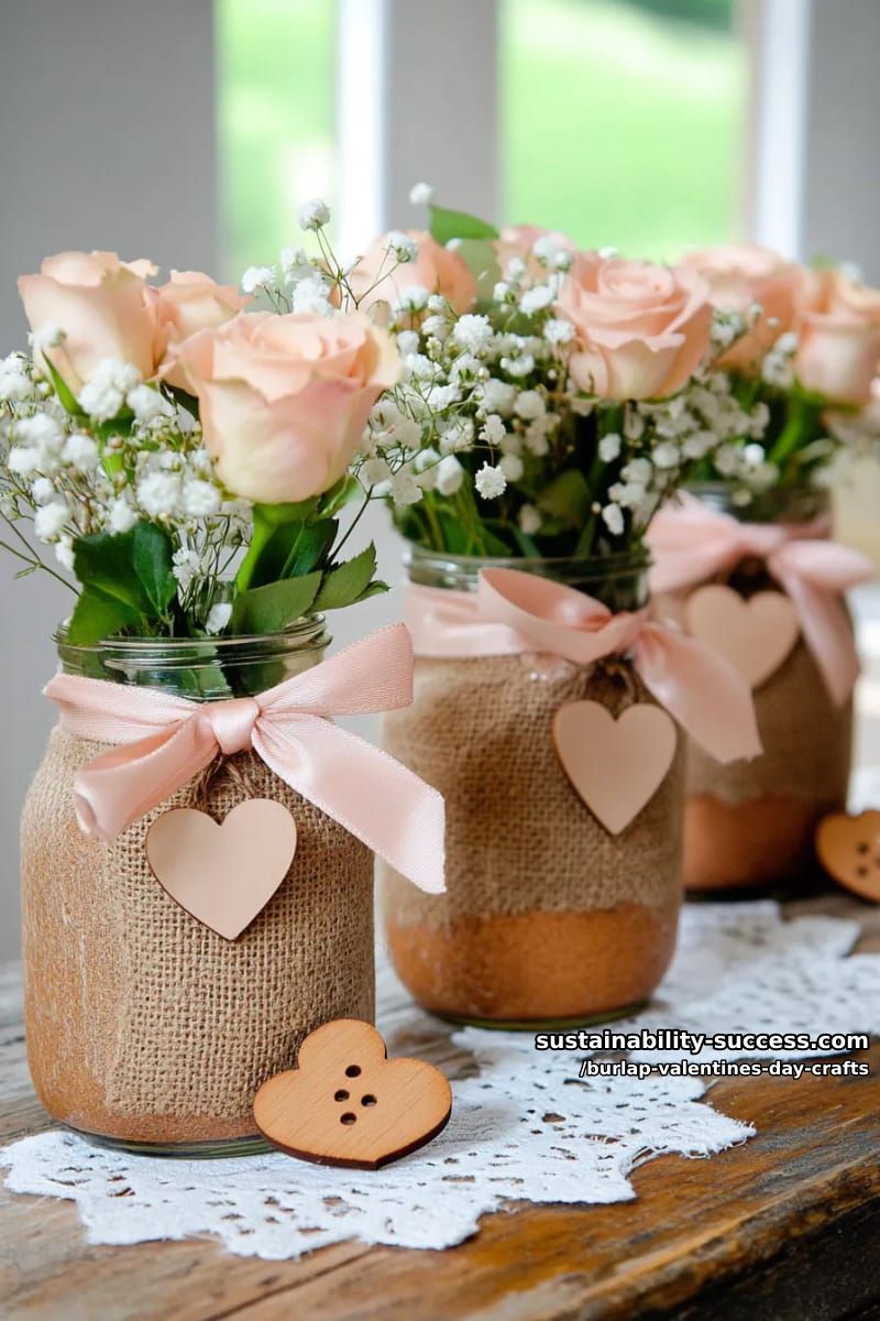 rustic burlap mason jar vases with pink ribbon and wooden heart tags 1