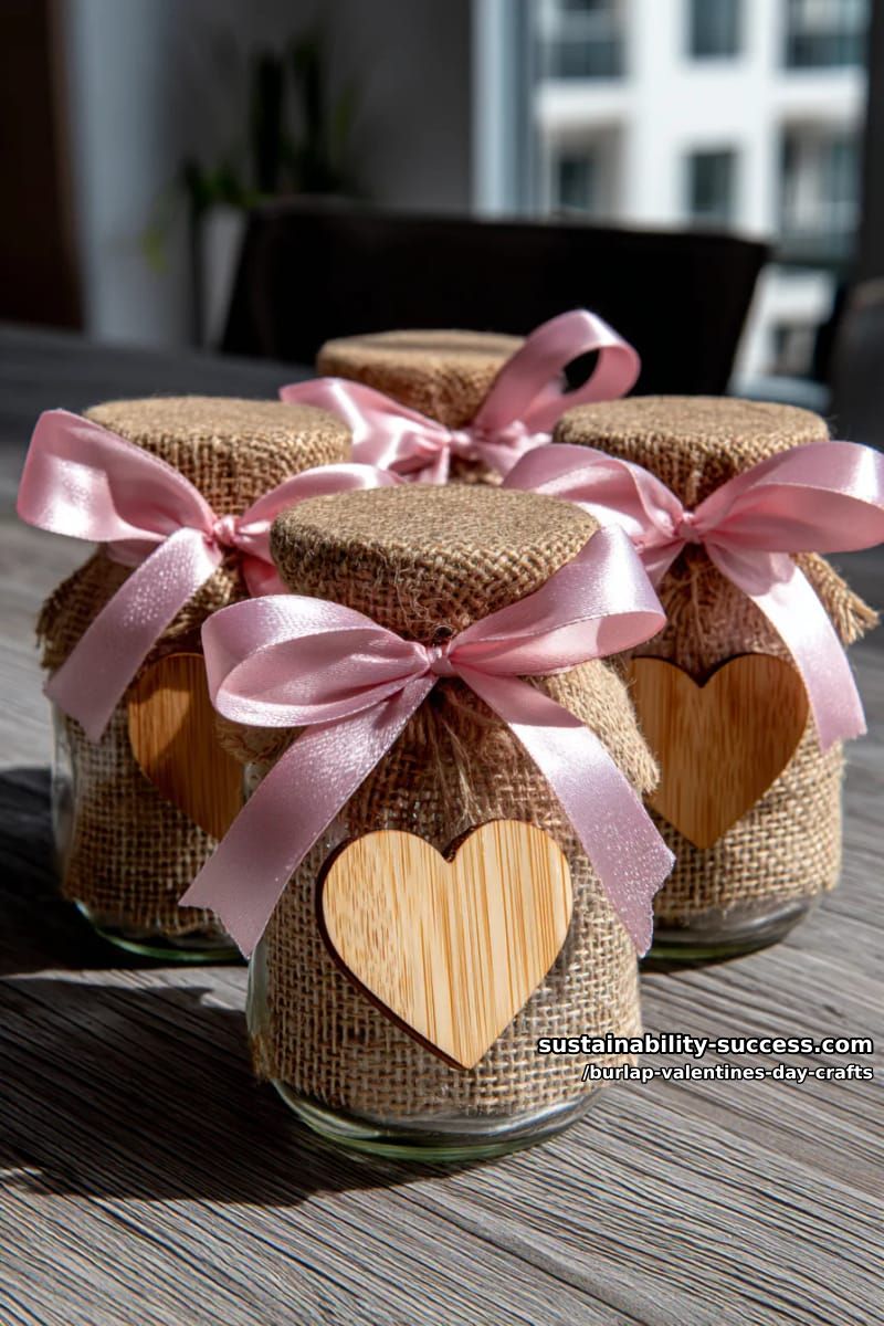 rustic burlap mason jar vases with pink ribbon and wooden heart tags 1