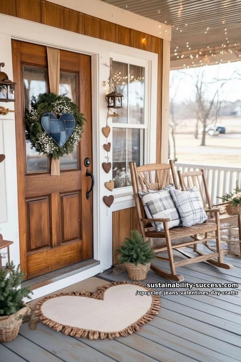 15 Creative Upcycled Jeans Valentine’s Day Crafts 11 rustic denim and burlap heart wreath decorated with pinecones and faux greenery 1
