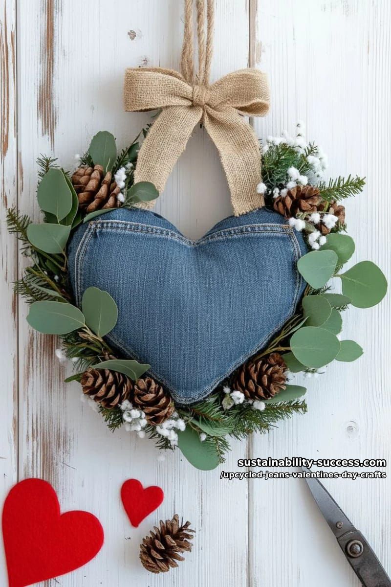 15 Creative Upcycled Jeans Valentine’s Day Crafts 12 rustic denim and burlap heart wreath decorated with pinecones and faux greenery 1