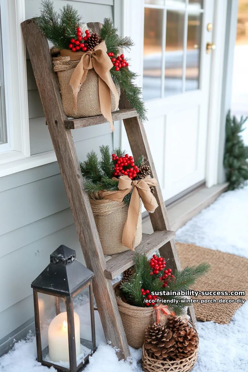 rustic ladder decorated with fresh evergreen clippings and reclaimed ribbons 1