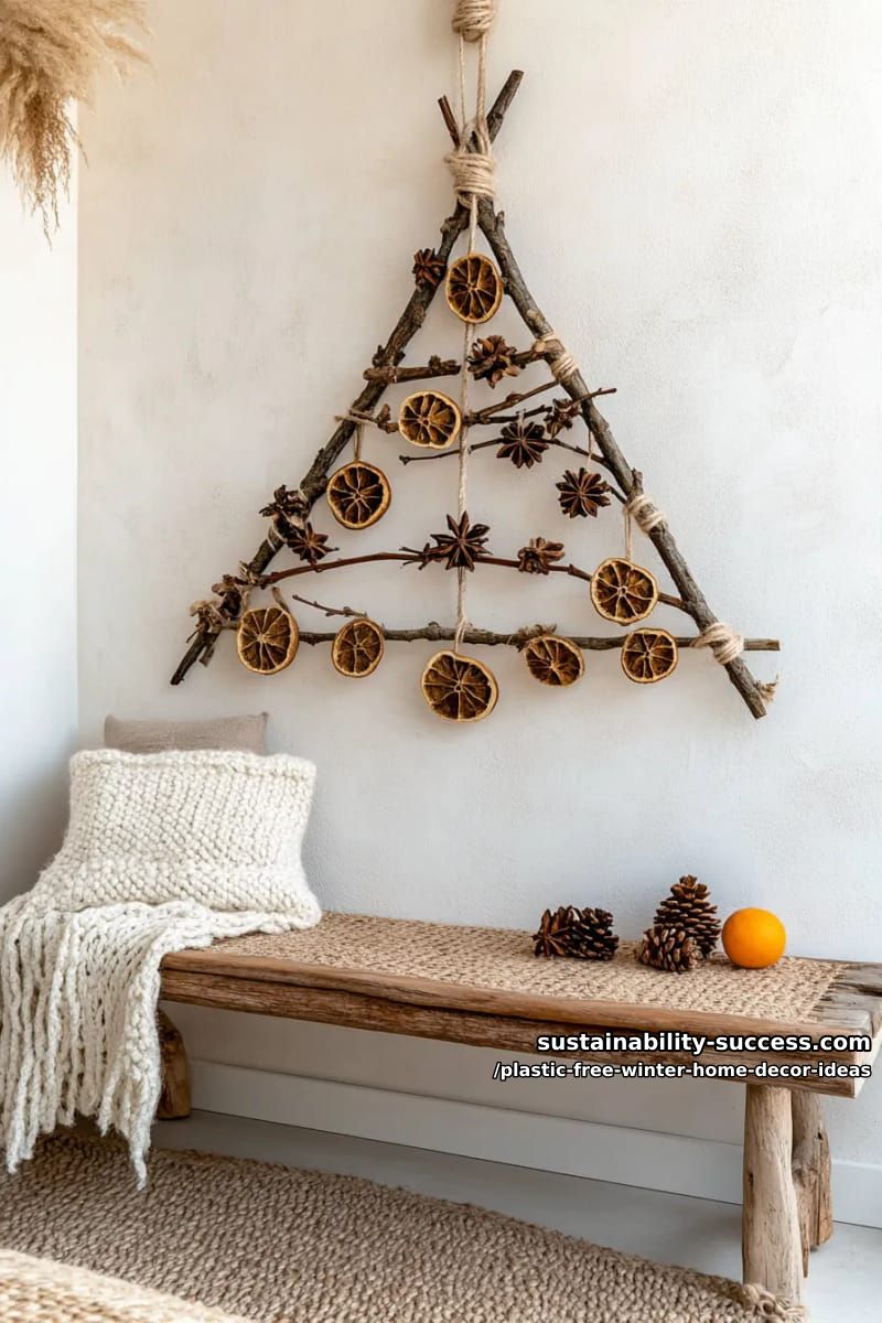 rustic twig and twine wall tree decorated with star anise and dried citrus. 1