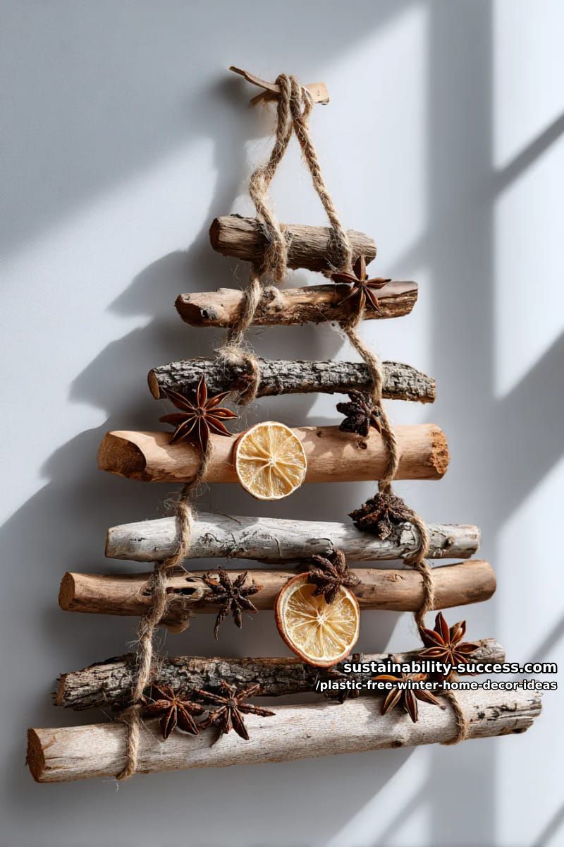 rustic twig and twine wall tree decorated with star anise and dried citrus. 1