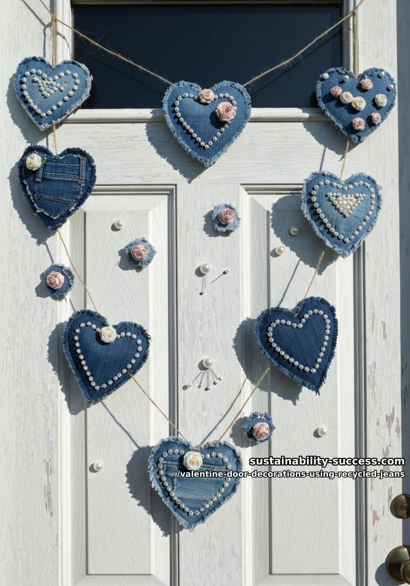 shabby chic denim hearts garland with fabric roses and pearl pins 1