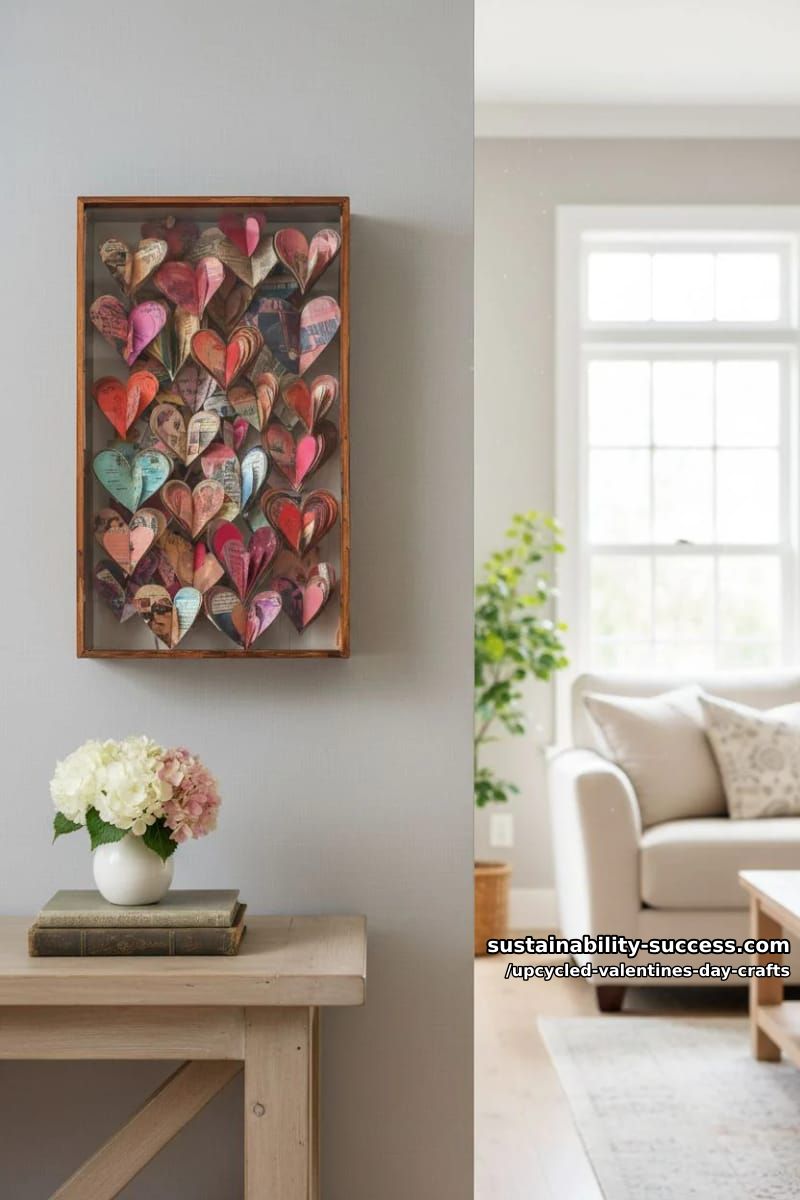 shadowbox art with paper hearts cut from magazines and book pages 1