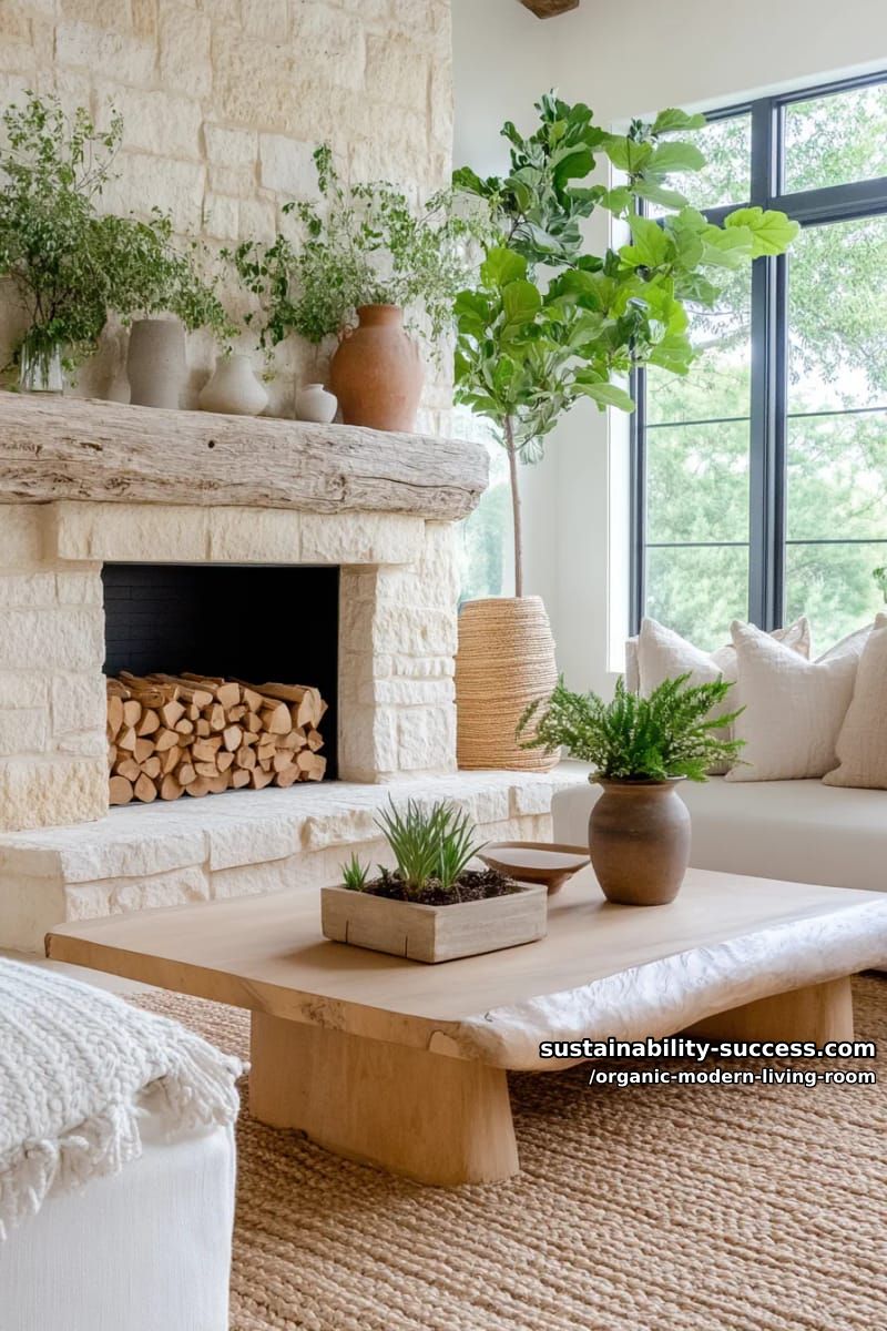 15 Organic Modern Living Room Designs for an Elegant Contemporary Feel 30 showcase a central fireplace with stacked firewood and curved travertine seating 1