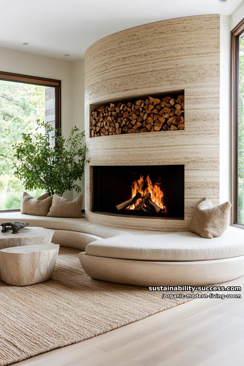 15 Organic Modern Living Room Designs for an Elegant Contemporary Feel 31 showcase a central fireplace with stacked firewood and curved travertine seating 1