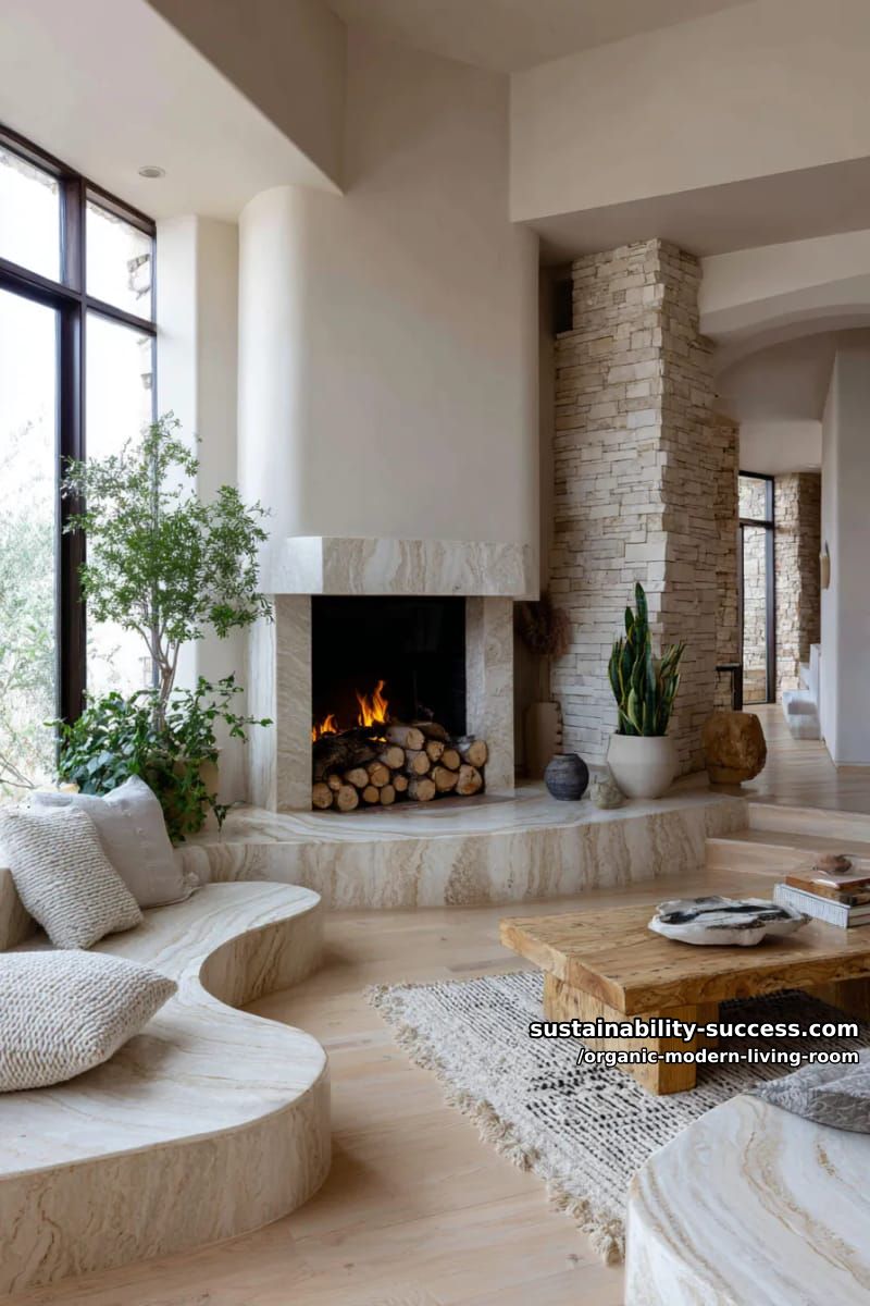 15 Organic Modern Living Room Designs for an Elegant Contemporary Feel 32 showcase a central fireplace with stacked firewood and curved travertine seating 1