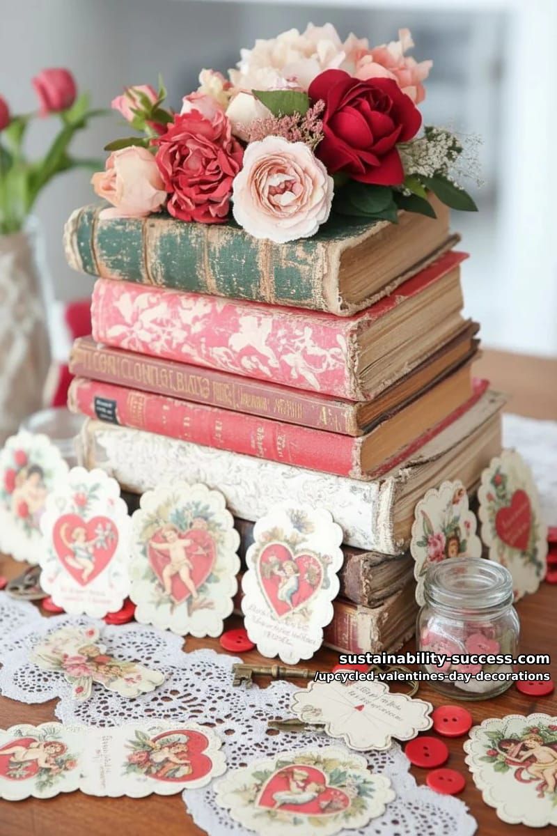 stacked book centerpiece with hand-cut vintage valentines 26