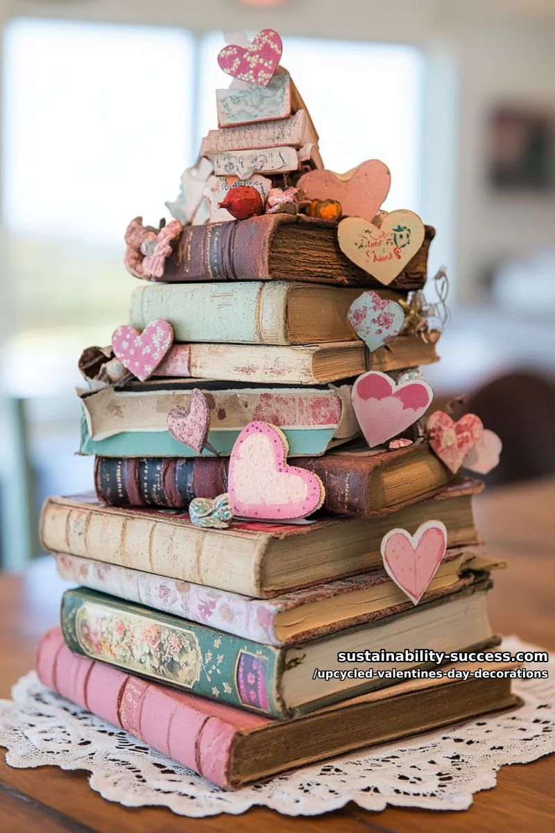 stacked book centerpiece with hand-cut vintage valentines 1