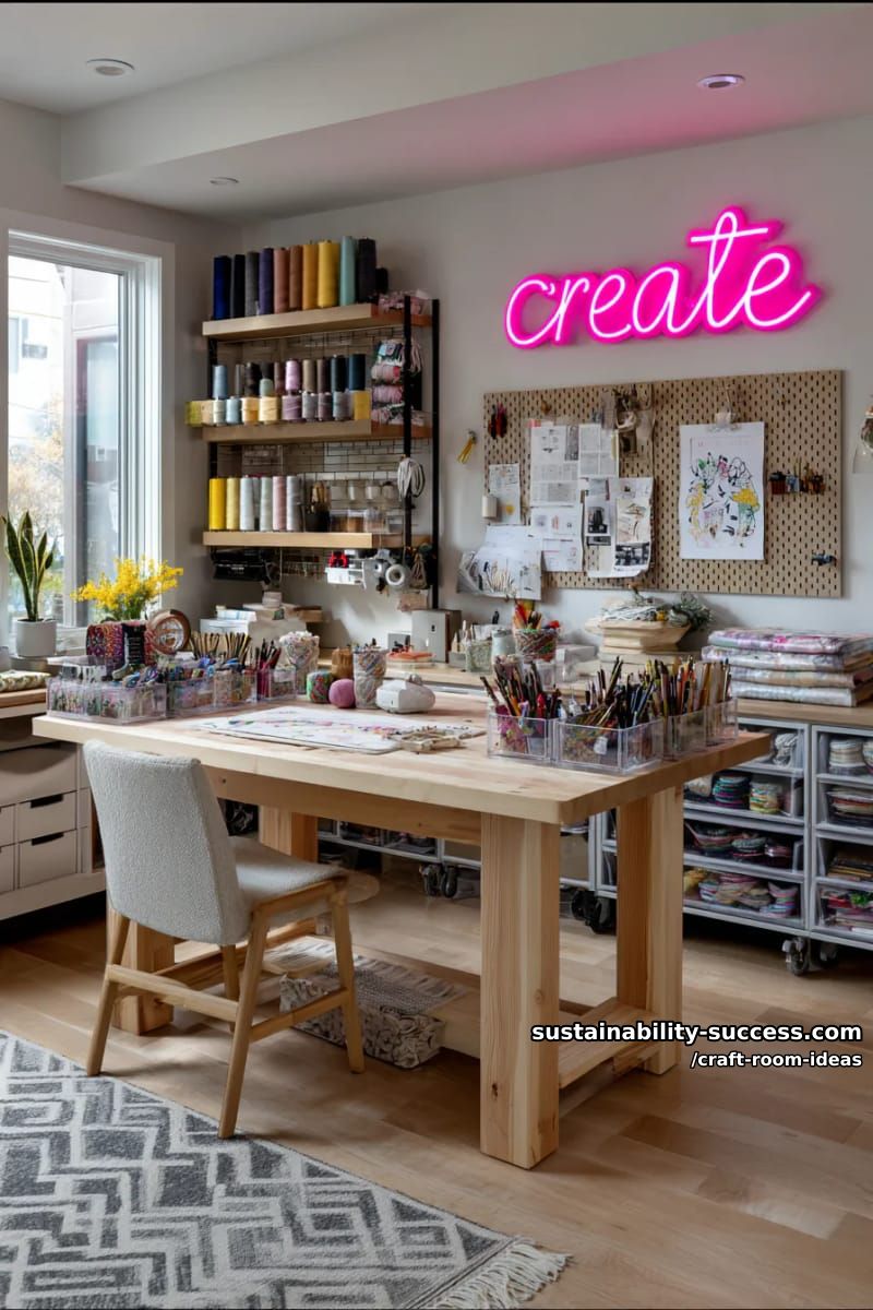 15 Inspiring Craft Room Ideas to Elevate Your Creative Space 33 statement neon “create” sign above craft desk for fun and motivational decor 1