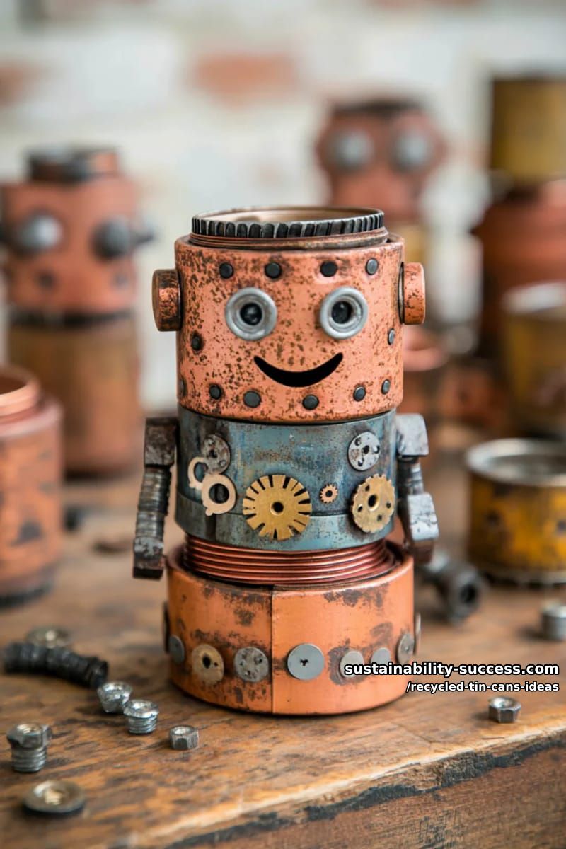 15 Superb Ideas to Upcycle Tin Cans 14 steampunk-inspired robot sculptures from stacked tin cans and metal scraps 1