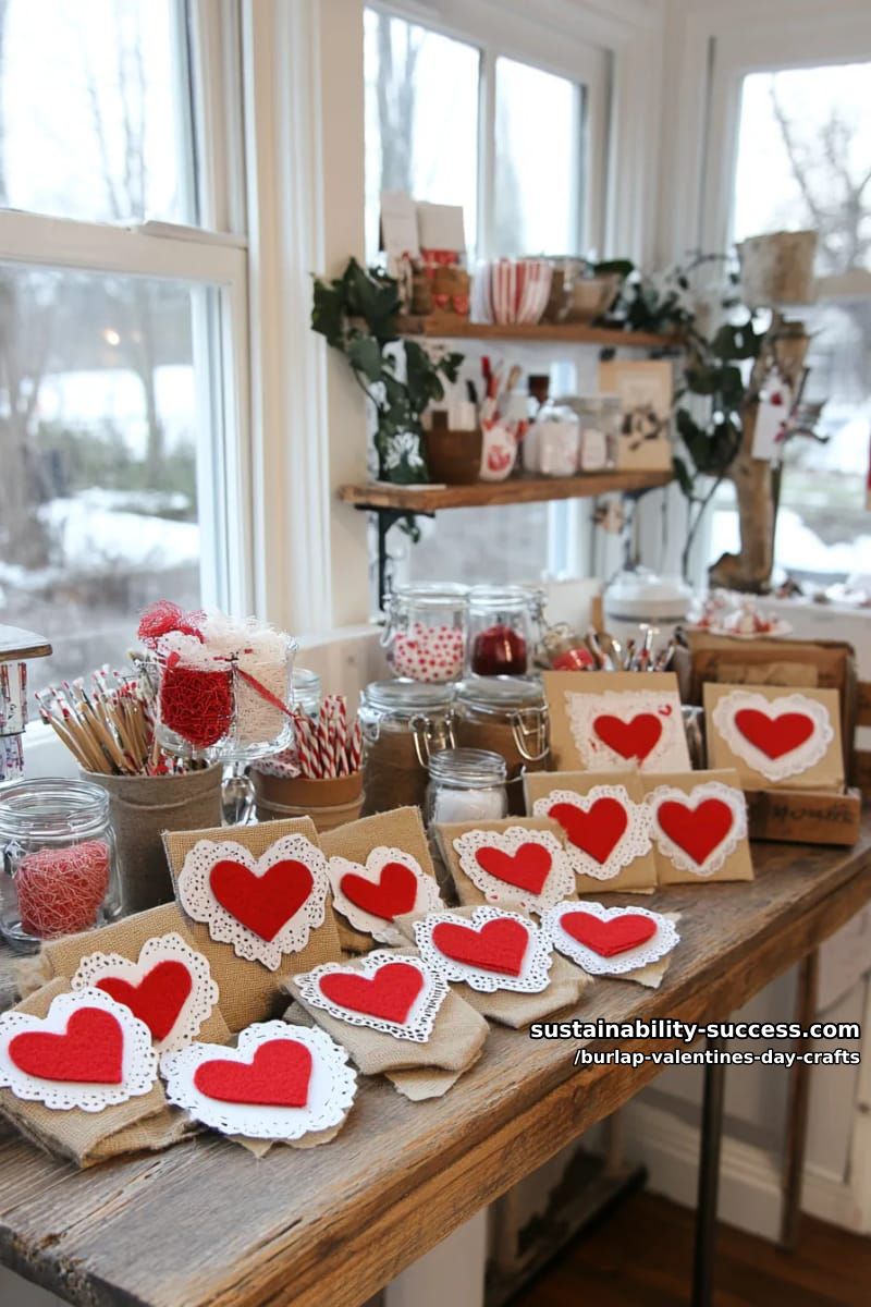 stenciled burlap valentine cards featuring red felt appliqué hearts 1