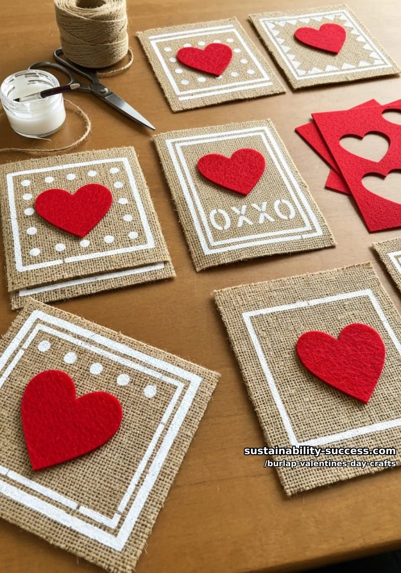stenciled burlap valentine cards featuring red felt appliqué hearts 1