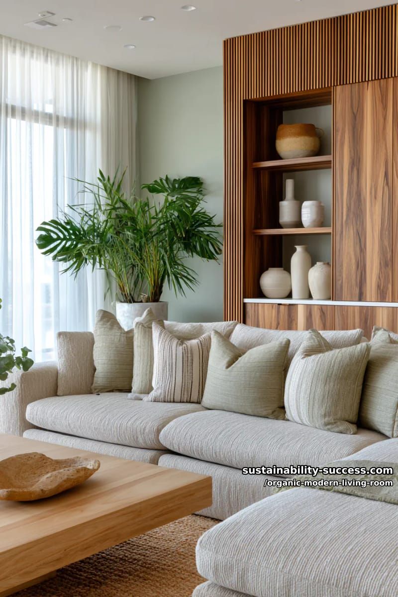 15 Organic Modern Living Room Designs for an Elegant Contemporary Feel 34 style a sage green accent wall behind slatted walnut cabinetry and soft beige sofas 1