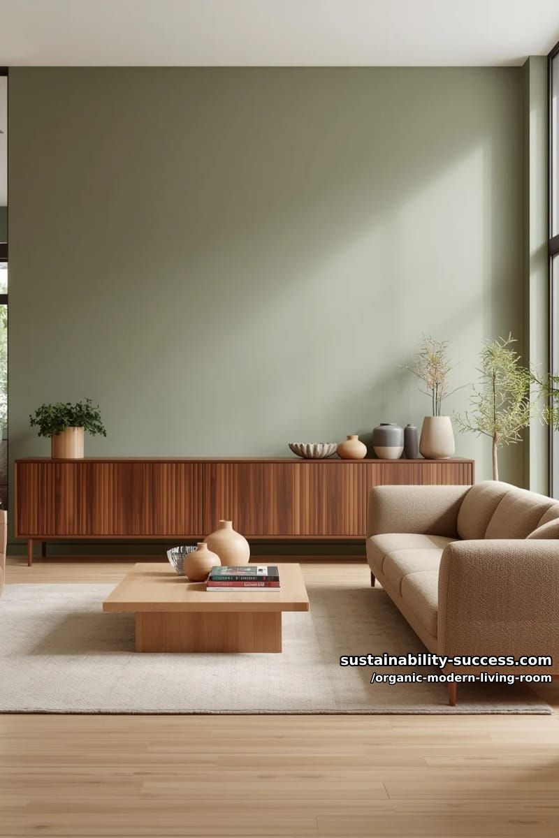 15 Organic Modern Living Room Designs for an Elegant Contemporary Feel 35 style a sage green accent wall behind slatted walnut cabinetry and soft beige sofas 1
