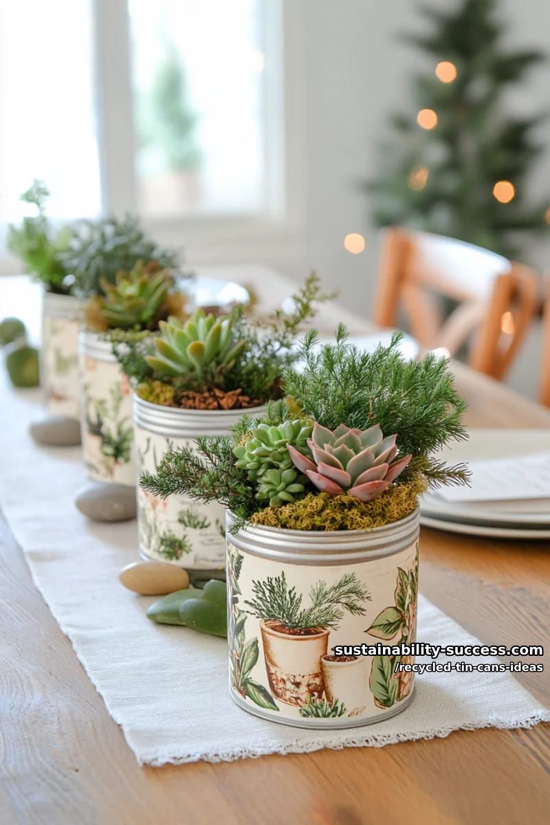 15 Superb Ideas to Upcycle Tin Cans 31 succulent centerpieces in decoupaged tin cans with botanical illustrations 1