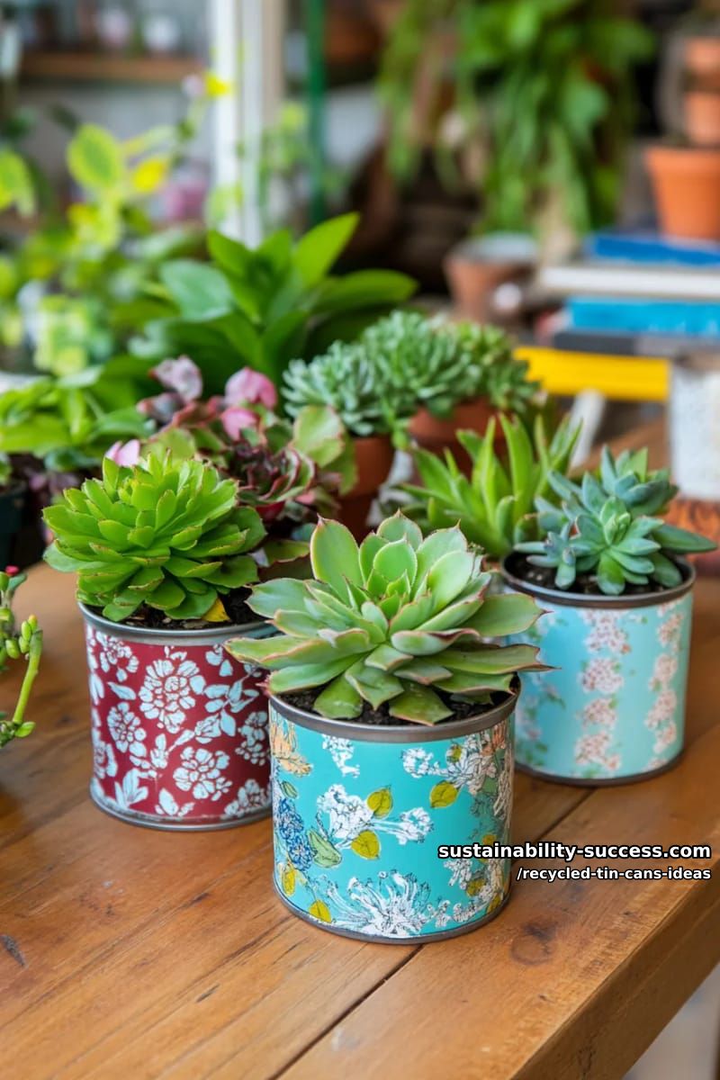 15 Superb Ideas to Upcycle Tin Cans 32 succulent centerpieces in decoupaged tin cans with botanical illustrations 1