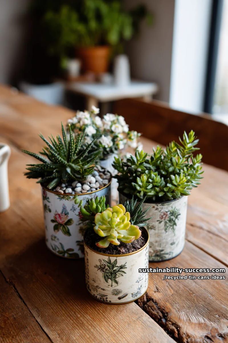 15 Superb Ideas to Upcycle Tin Cans 33 succulent centerpieces in decoupaged tin cans with botanical illustrations 1