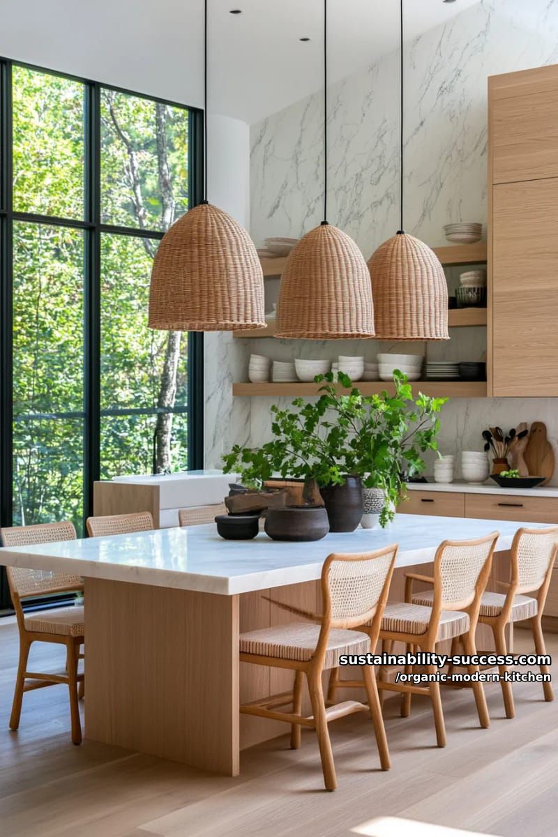 15 Organic Modern Kitchen Designs for a Charming Cuisine 16 suspended rattan pendant lights above white marble kitchen table 1