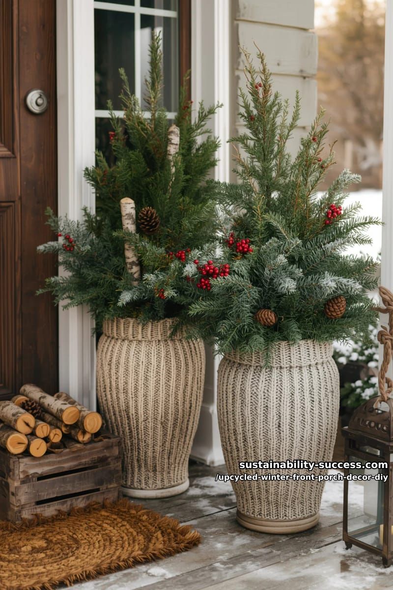 sweater-wrapped planters filled with foraged greenery and pine branches 19
