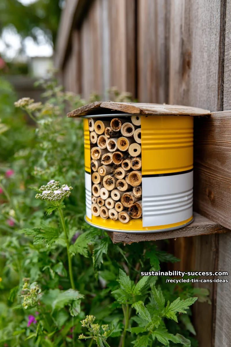 15 Superb Ideas to Upcycle Tin Cans 26 tin can bee hotel painted with bright stripes and bamboo inserts 1